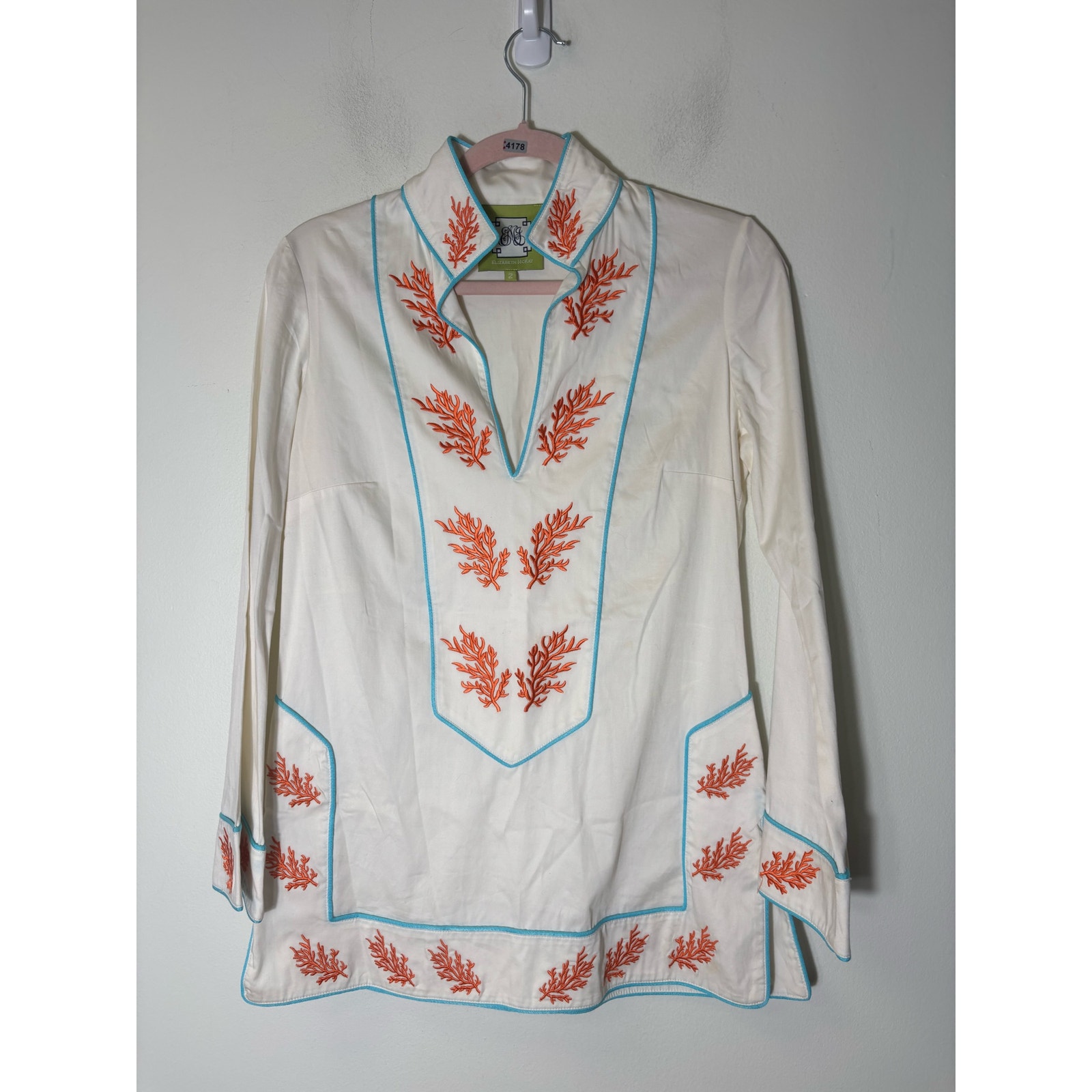 Elizabeth Mckay White Cotton Coral Long Sleeve Tunic Sz 2